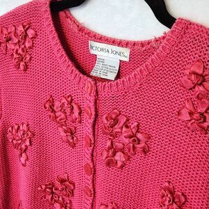 VTG Victoria Jones Sweater Women's M Pink Ribbon Cardigan Flower Barbie Coquette